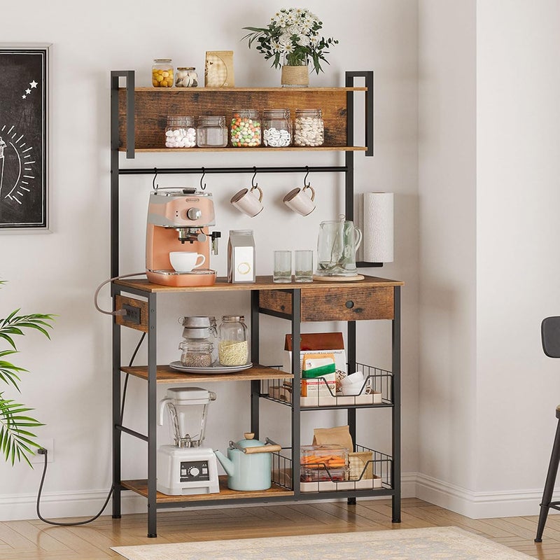 HOOBRO Bakers Rack with 4 AC Power Outlets, 5-Tier Coffee Bar with Wire Basket, Microwave Stand with Paper Holder and Drawer, Kitchen Storage Shelf, Rustic Brown and Black BF84UHB01 - Image 4